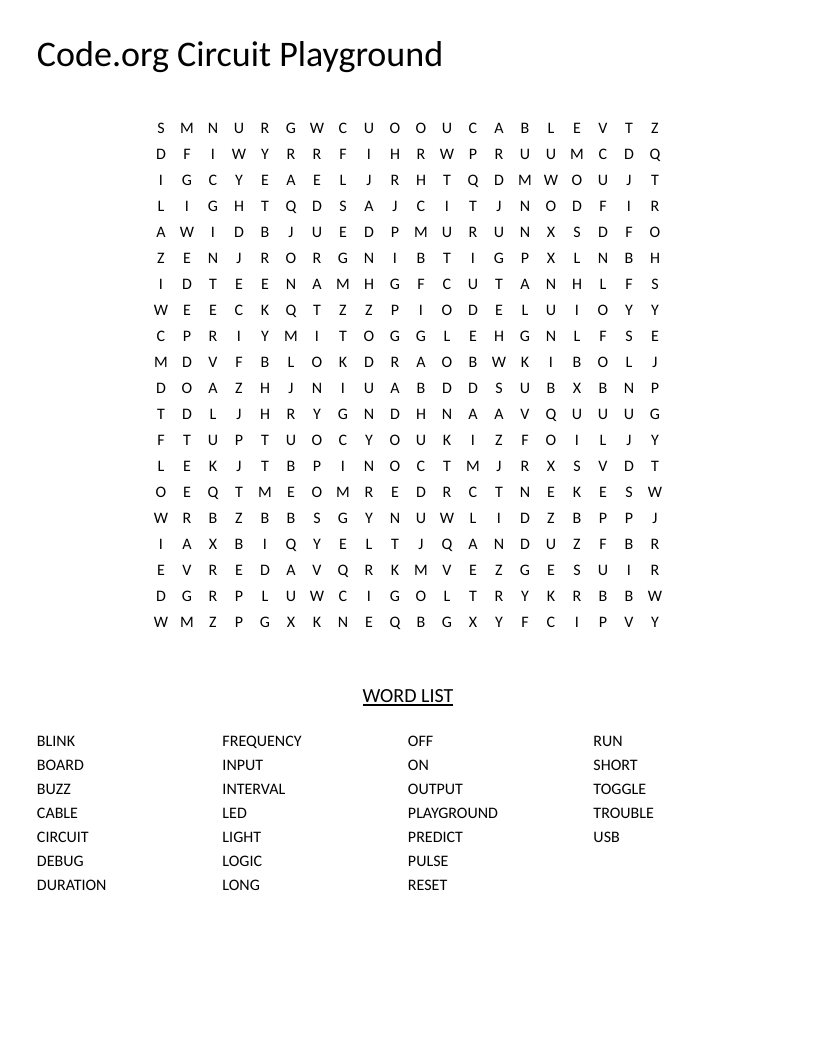 Code.org Circuit Playground word search with STEM vocabulary like LED, debug, and toggle.