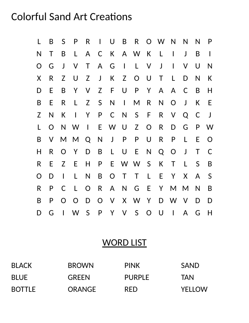 Colorful sand art word search with primary and secondary color words for young learners.
