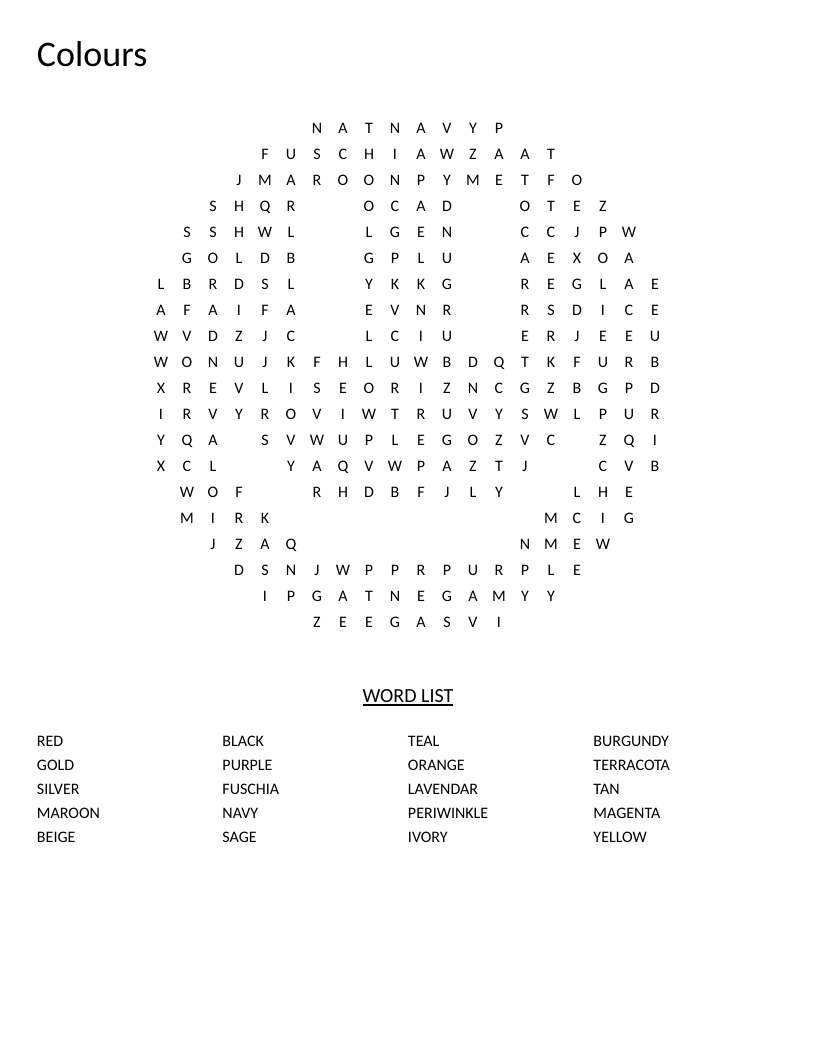Smiley-face colors word search with words like periwinkle, terracotta, and burgundy.