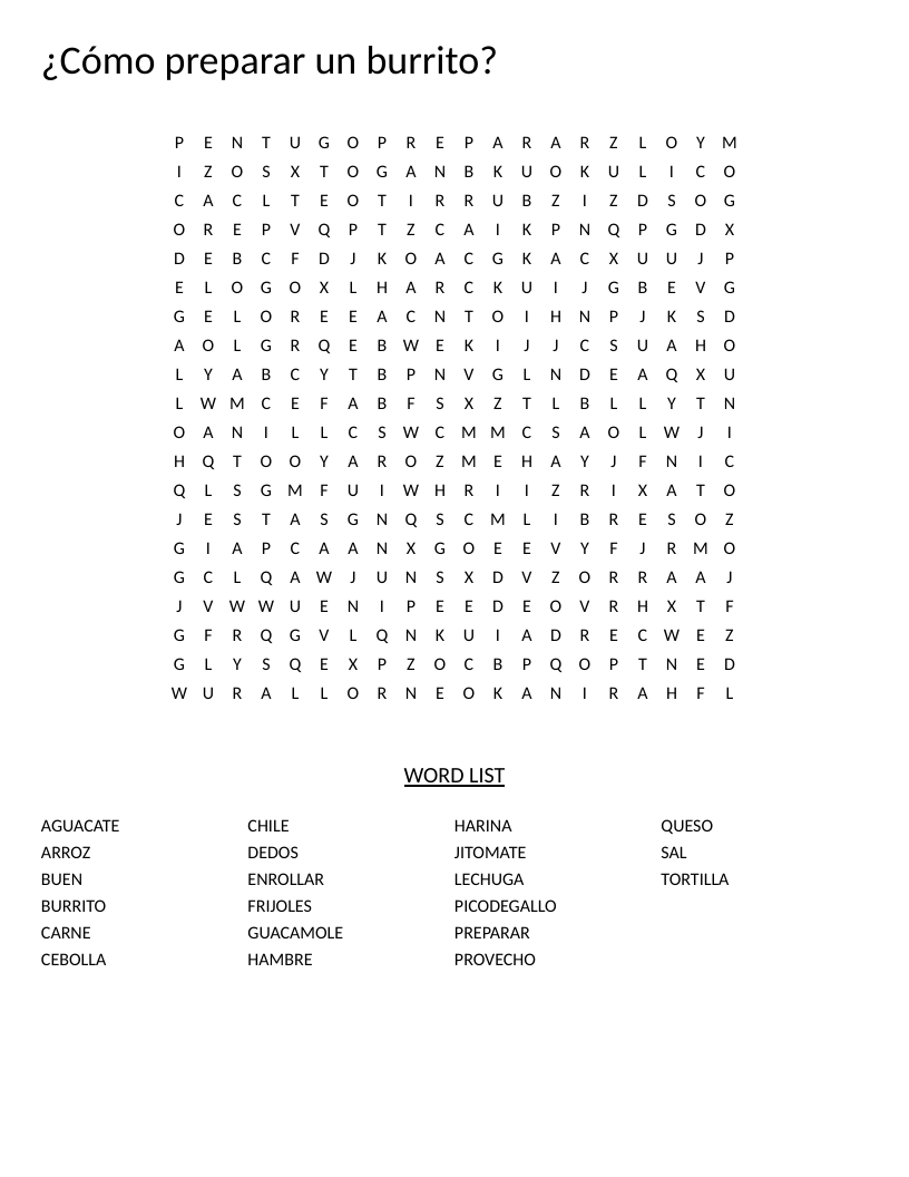 Spanish burrito cooking vocabulary word search with words like tortilla, frijoles, and guacamole.