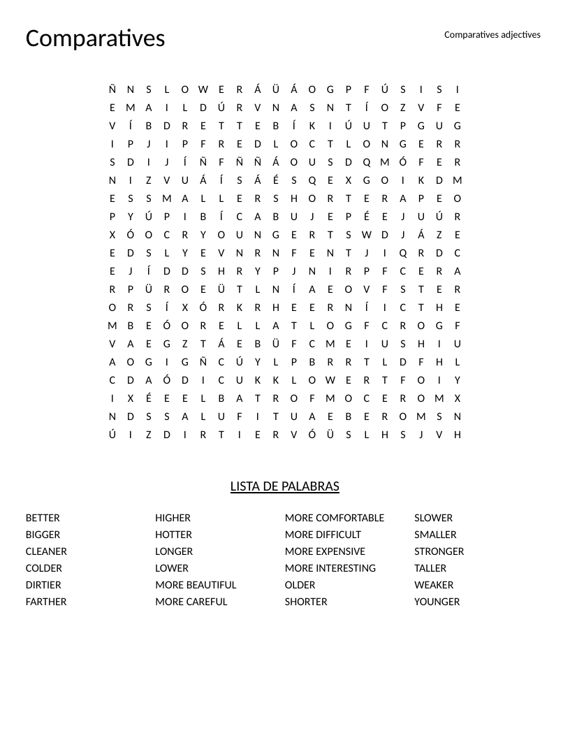 Comparative adjectives word search with words like taller, shorter, and more beautiful.
