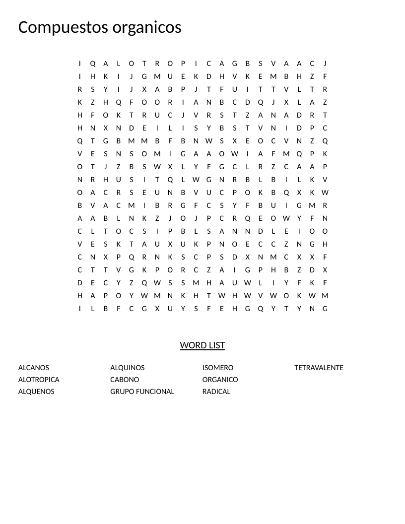 Spanish organic chemistry word search with words like alcanos, alquenos, and tetravalente.