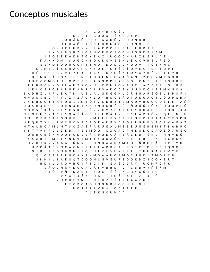 Circle-shaped Spanish music theory word search with terms like pentagrama, sostenido, and acorde.