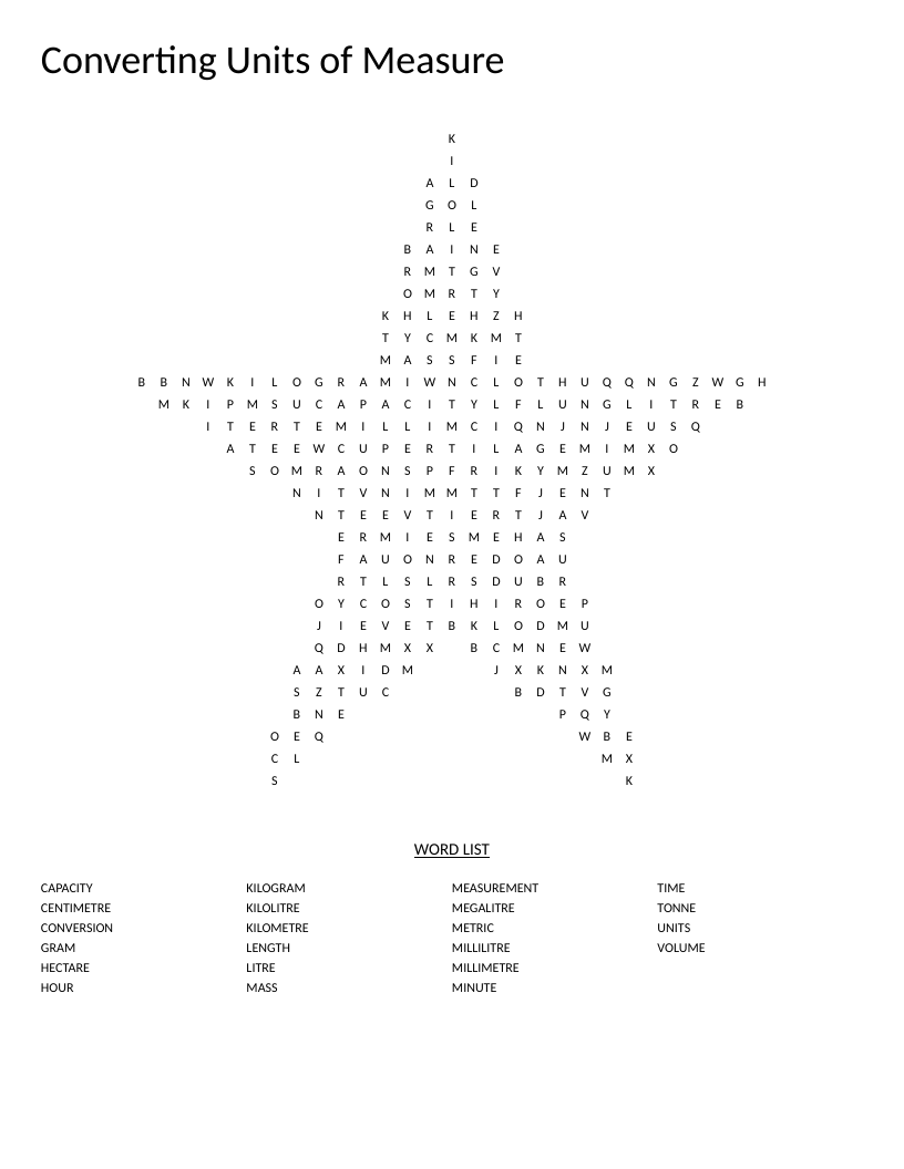 Star-shaped metric measurement word search with terms like kilometre, kilogram, and litre.