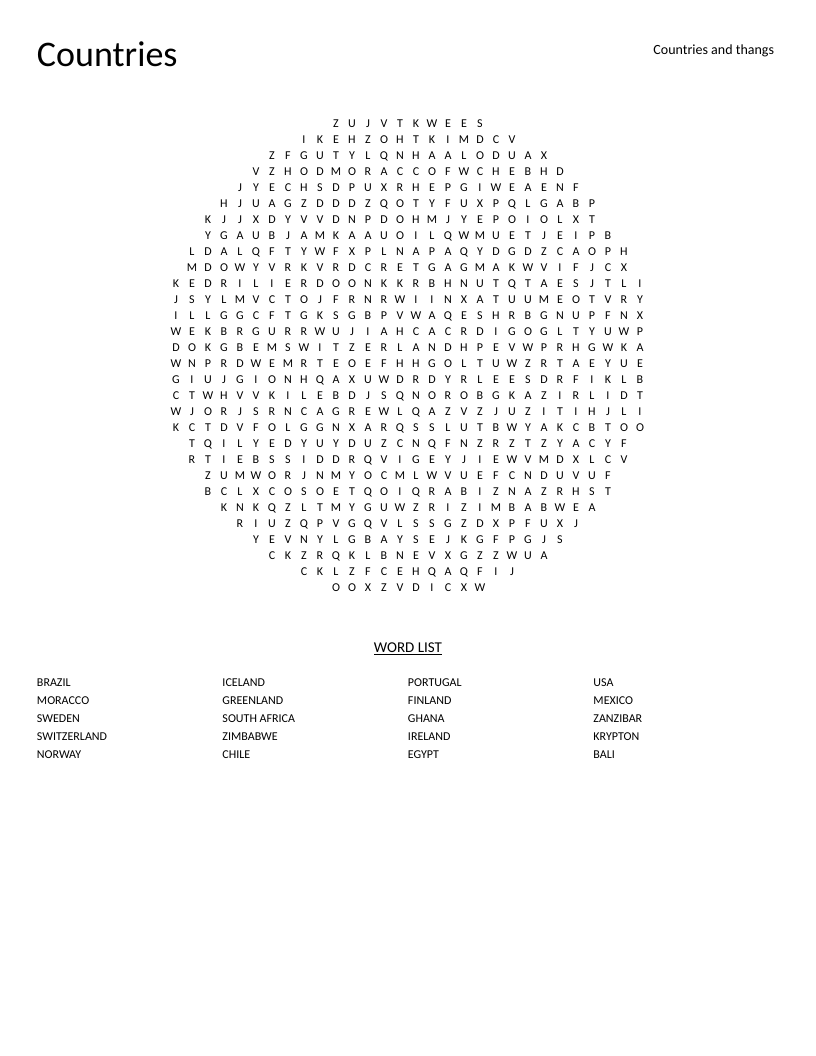 Circular countries word search with Brazil, Sweden, Egypt, and Mexico.