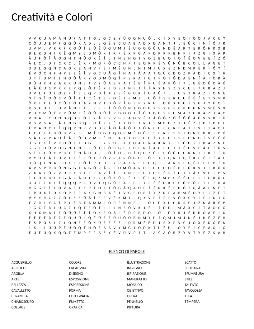 Italian art vocabulary word search with words like pittura, scultura, and chiaroscuro.