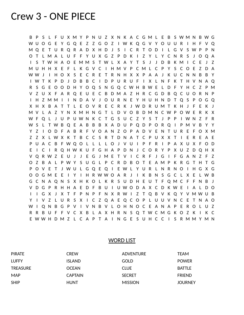 One Piece Word Search - Free Printable | BrightSprout