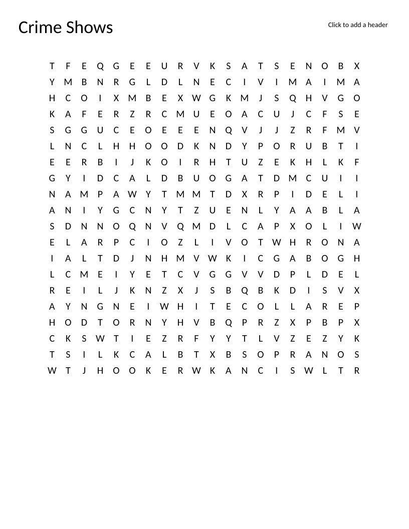 Crime shows word search featuring TV titles like Dexter, Columbo, and Criminal Minds.