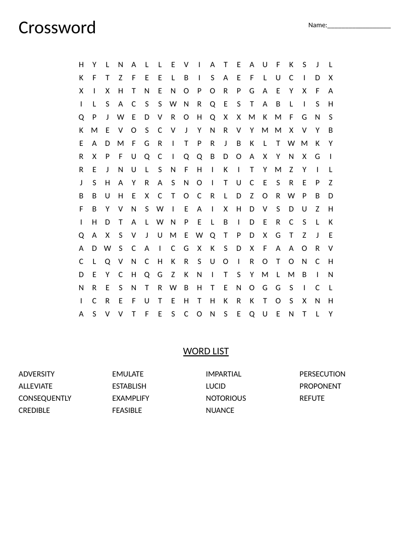 Academic vocabulary word search with college-prep words like adversity, credible, and nuance.