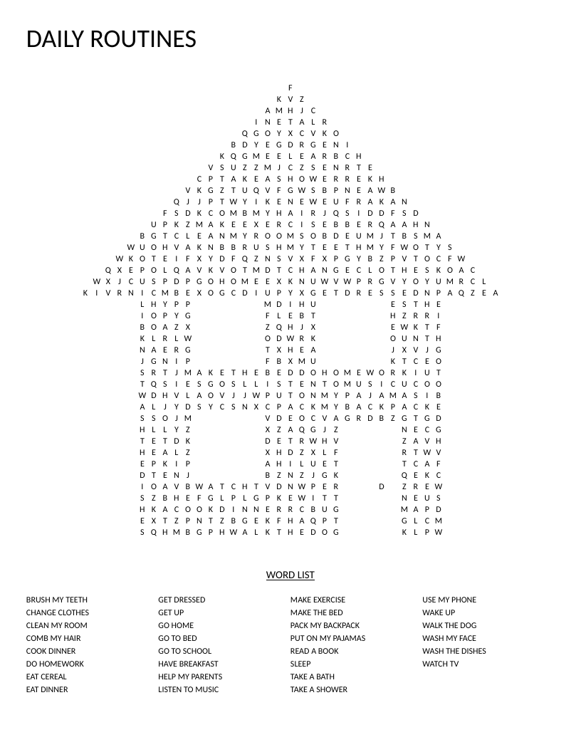 Daily Routines Word Search - Free Printable | BrightSprout