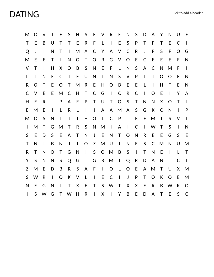 Dating word search with 40 words on emotions, relationships, and communication.