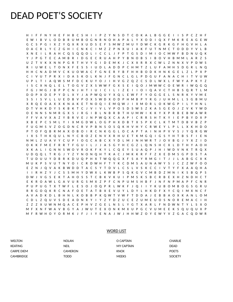 Dead Poets Society word search with character names and key phrases like Carpe Diem.