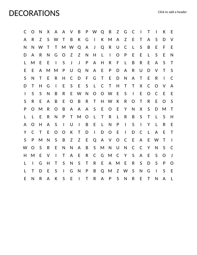 Decorations word search with party and home decor words like balloons, wreaths, and garlands.