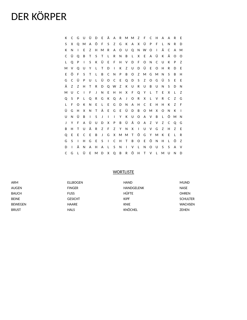 German body-parts word search with words like Kopf, Auge, Finger, and Fuß.