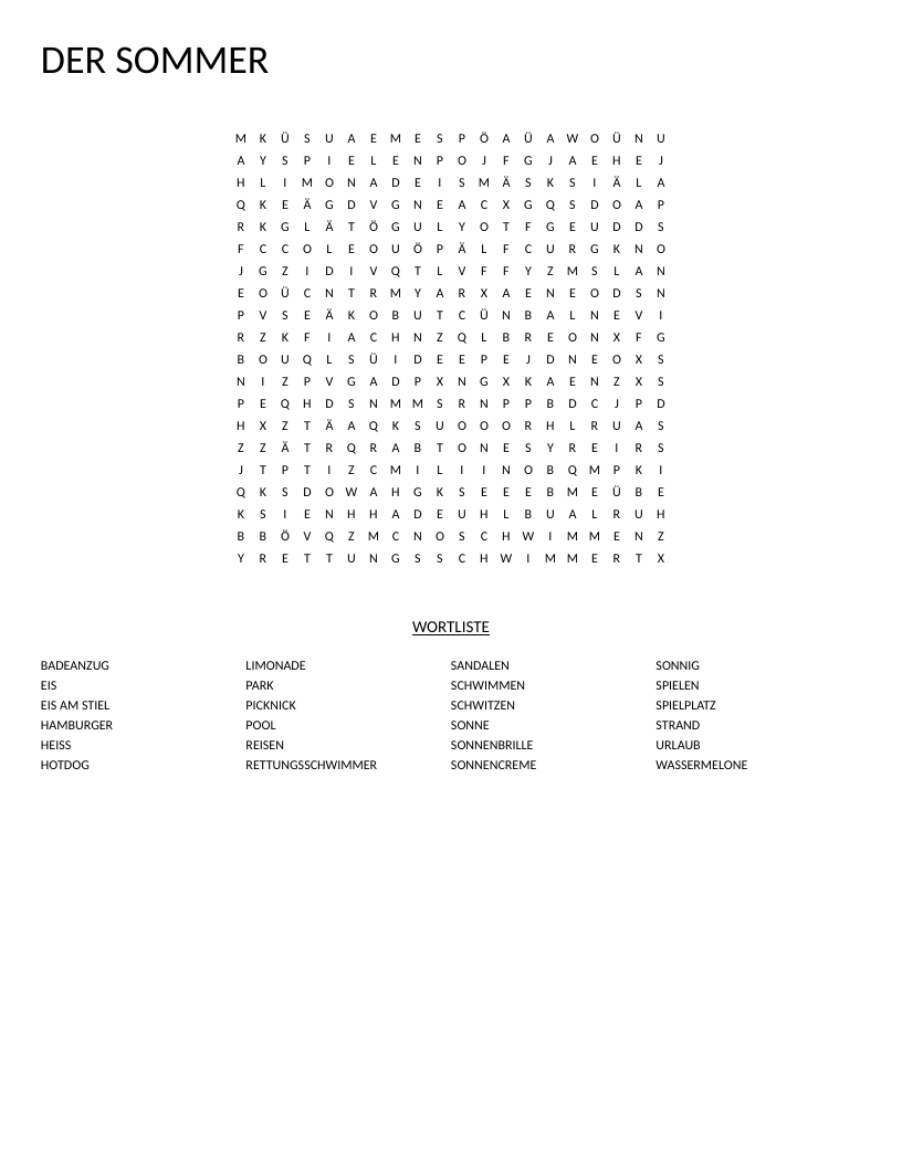 German summer vocabulary word search with words like Strand, Rettungsschwimmer, and Sonnencreme.