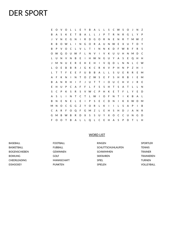 German sports word search with words like Fußball, Eishockey, and Schwimmen.