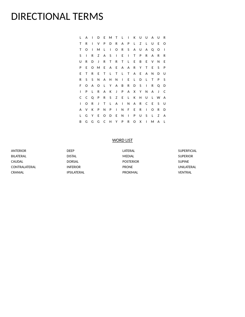 Anatomical directional terms word search with medical vocabulary like anterior, posterior, and cranial.