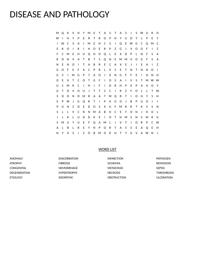 Disease and pathology word search with medical terms including metastasis, hemorrhage, and thrombosis.