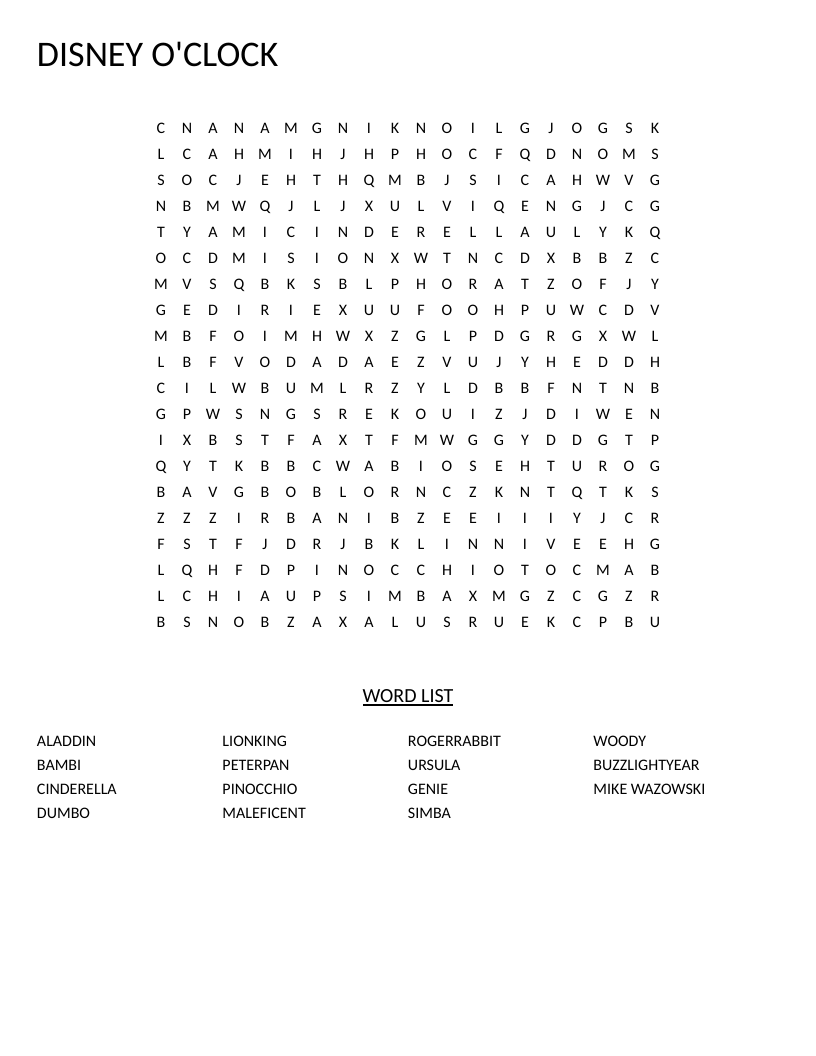 Disney character word search with Cinderella, Lion King, Aladdin, and Buzz Lightyear.