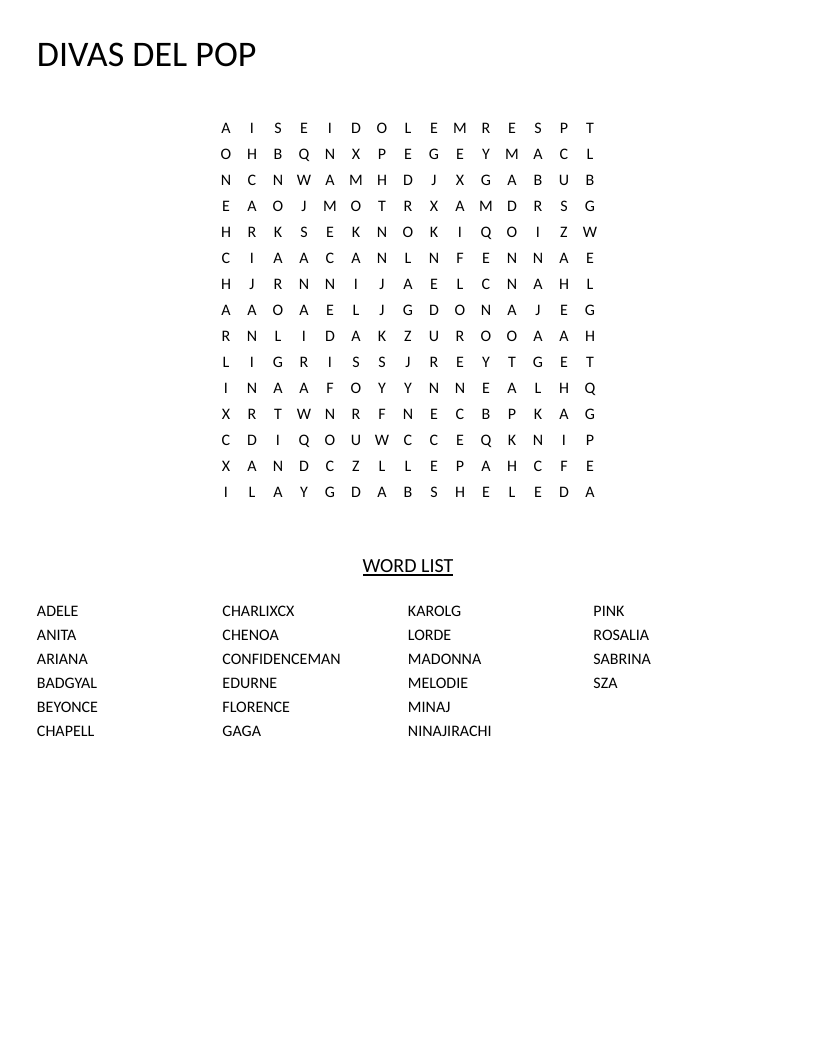 Spanish word search for pop divas with names like Beyoncé, Lady Gaga, and Rosalía.