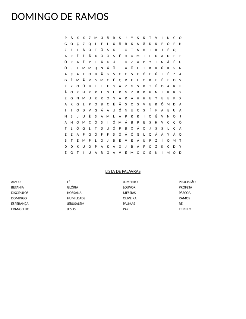 Palm Sunday word search with Spanish and Portuguese words including hosanna, palmas, and messias.