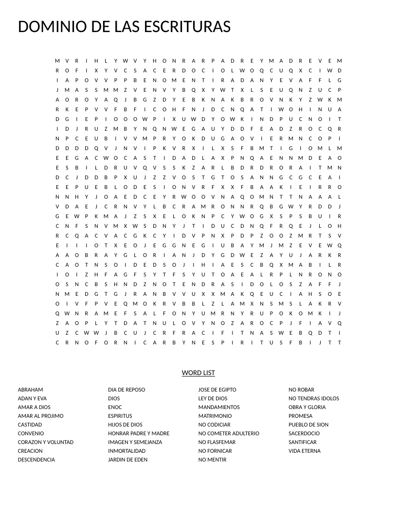 Spanish scripture word search with words about LDS doctrine, covenants, and commandments.