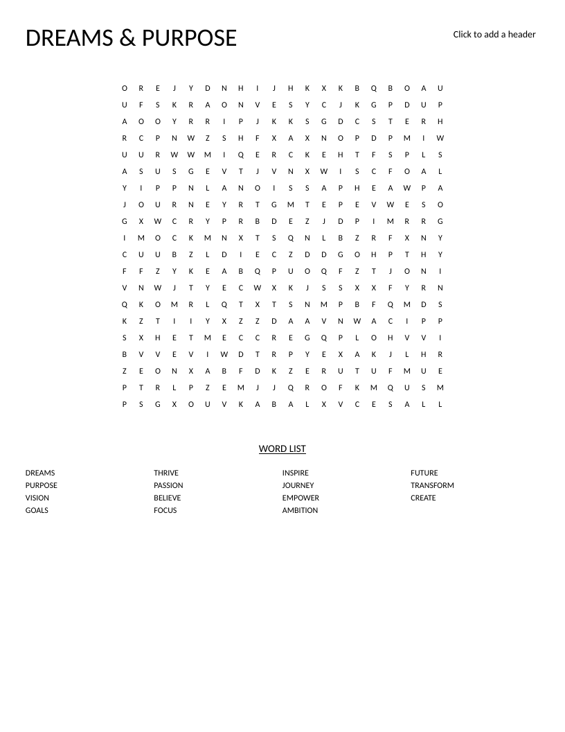 Dreams and purpose word search with words like vision, passion, thrive, and inspire.