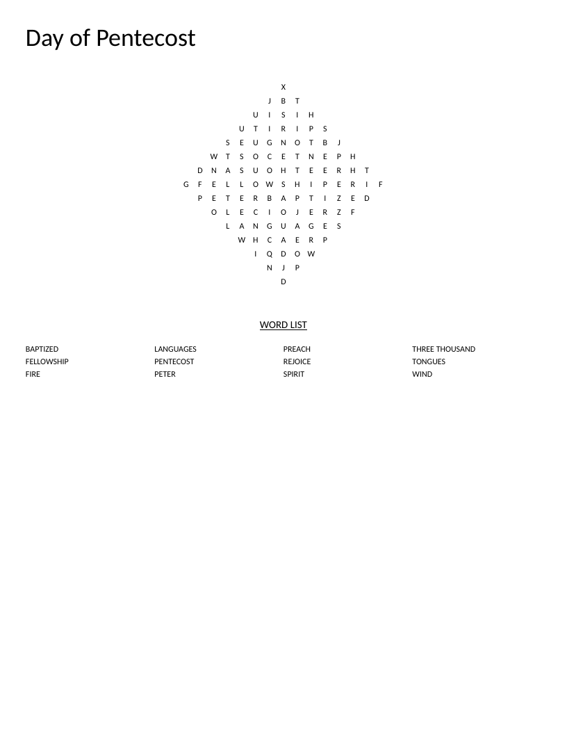 Diamond-shaped Pentecost word search with Bible words like fire, spirit, and baptized.