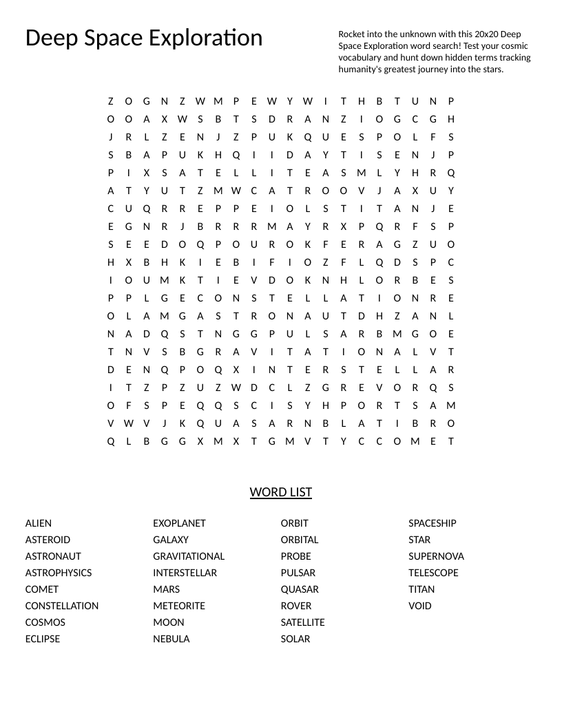 Space exploration word search featuring astronomy terms like exoplanet, supernova, and nebula.