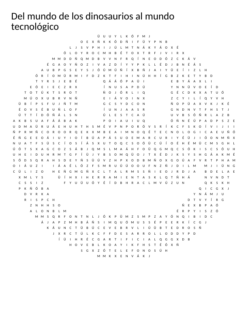 Smiley-shaped Spanish word search with dinosaur and technology vocabulary like Triásico and inteligencia artificial.