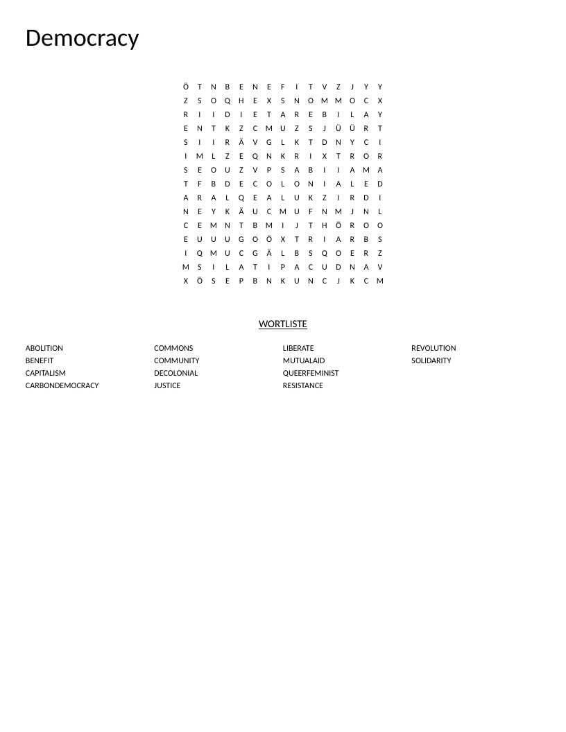 Democracy word search with activism and civics words like abolition and solidarity.