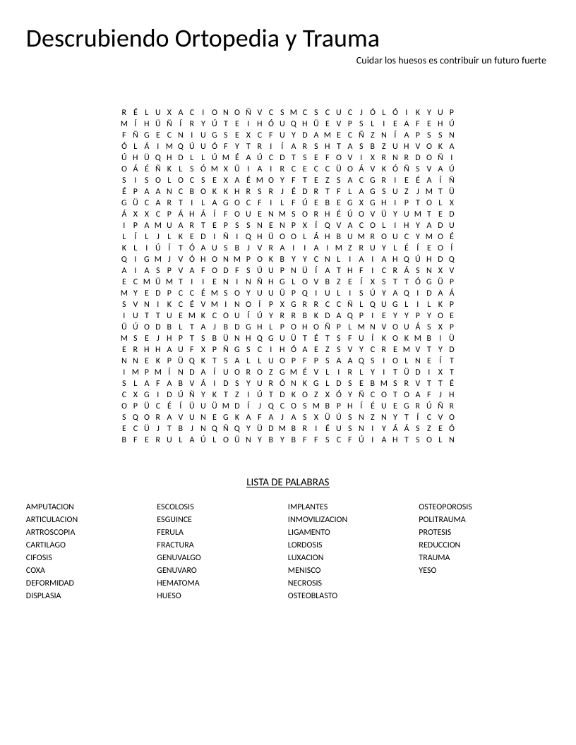 Spanish orthopedics and trauma word search with medical terms like fractura and artroscopia.