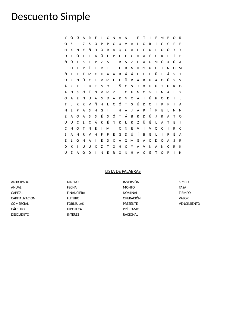 Spanish simple discount mathematics word search with financial terms like descuento and interés.