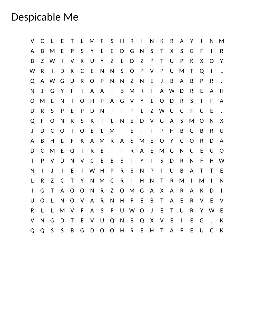Despicable Me word search with characters Gru, Minions, Kevin, Agnes, and Margo.