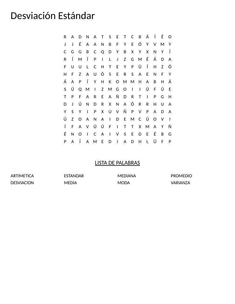 Spanish standard deviation word search with statistics vocabulary including varianza and mediana.