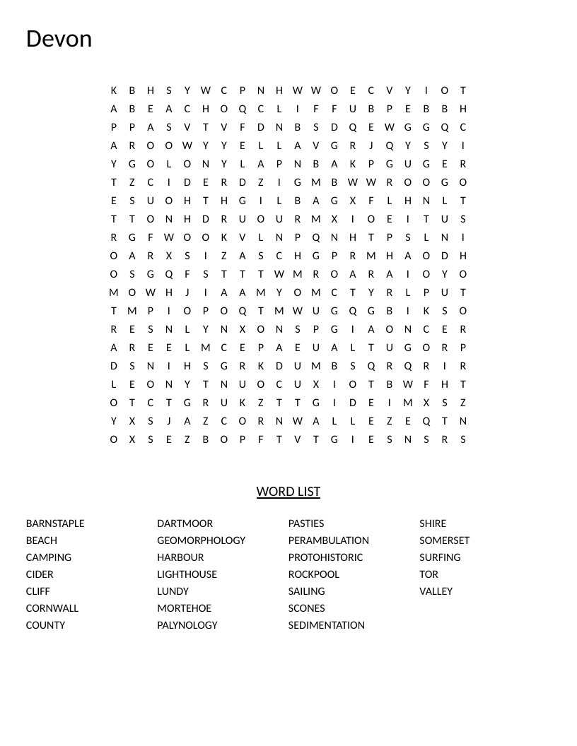 Devon geography word search with words like Dartmoor, Lighthouse, and geomorphology.