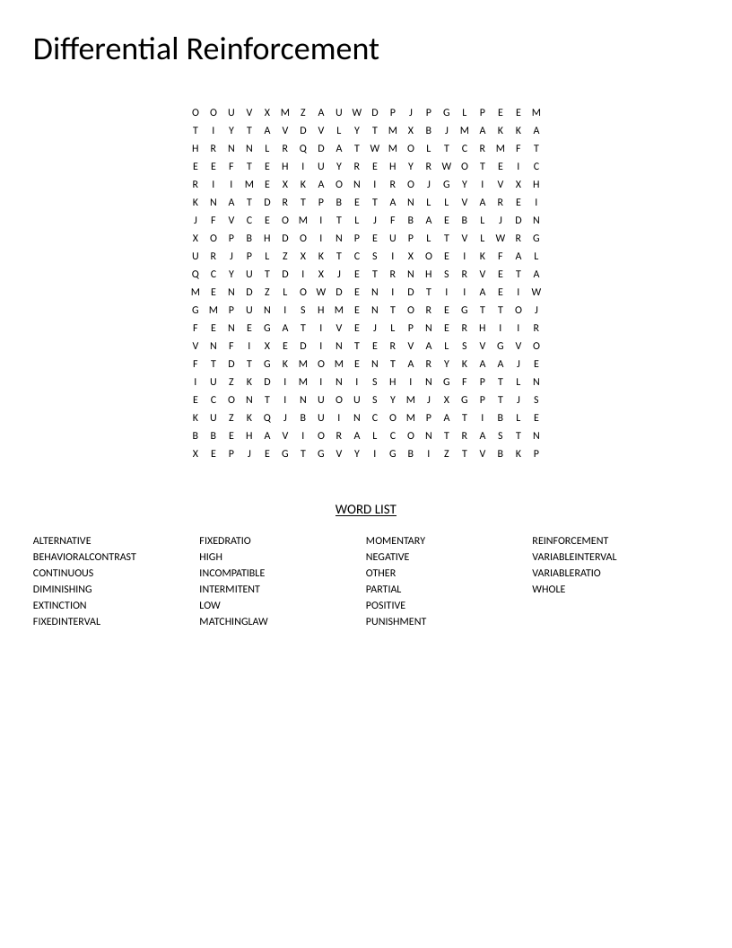 Differential reinforcement word search with behavioral psychology terms like matching law and extinction.