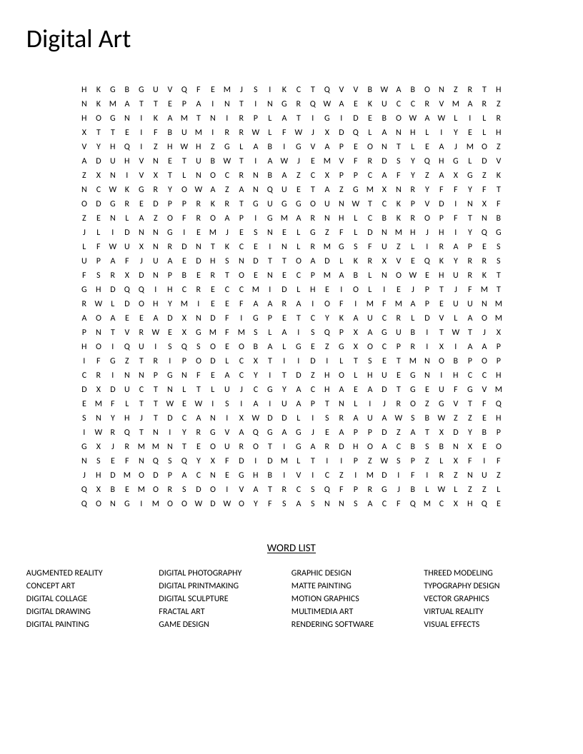 Digital art word search with terms like digital painting, 3D modeling, and visual effects.