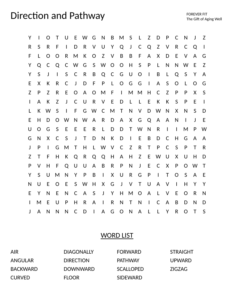 Direction and pathway word search with spatial words like forward, diagonal, curved, and zigzag.