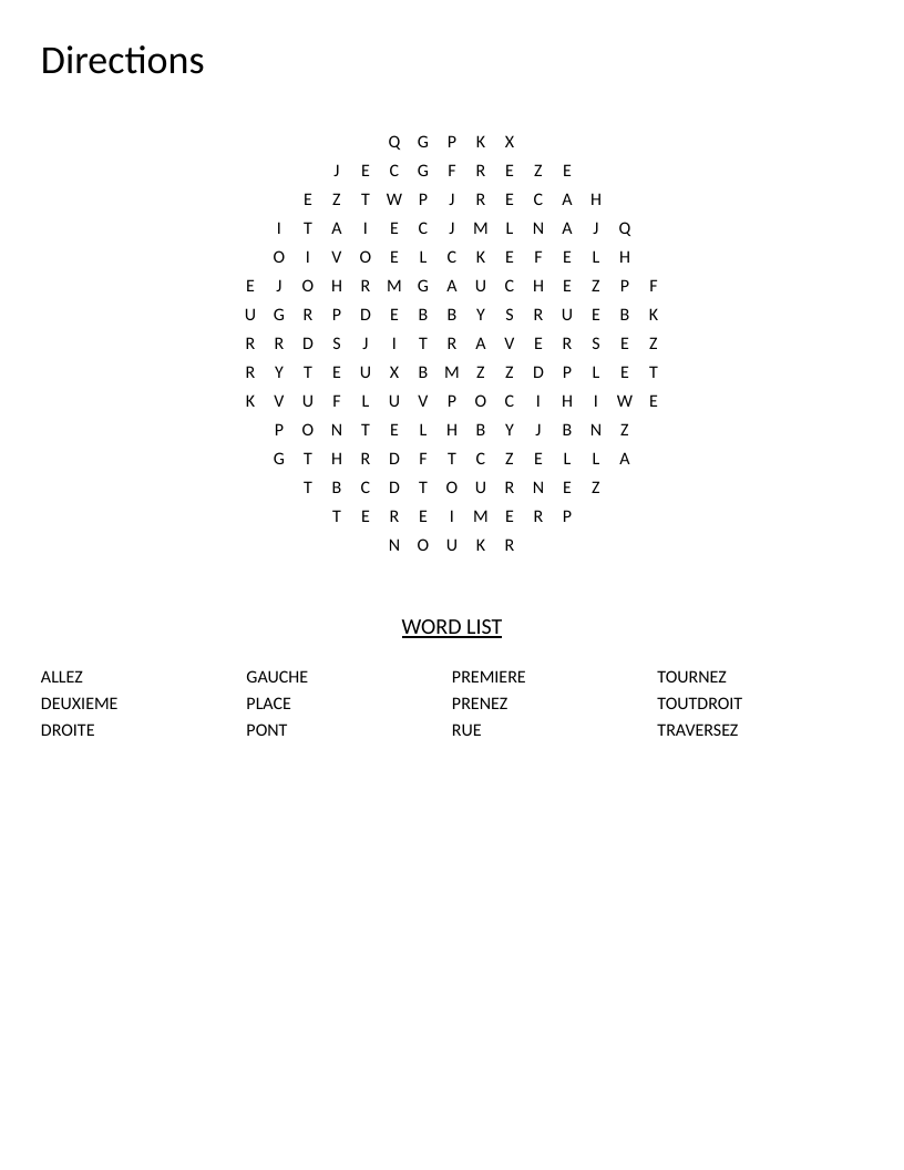 Circle French directions word search with vocabulary like gauche, droite, and tournez.