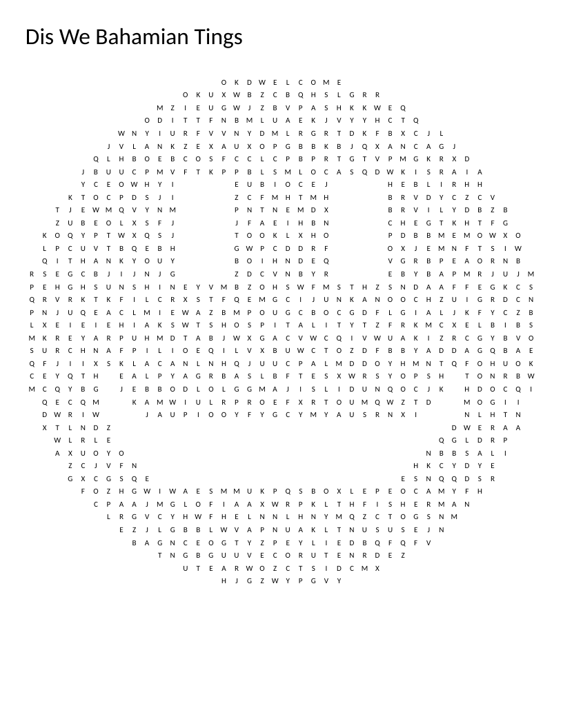 Smiley-shaped Bahamian culture word search with words like junkanoo, flamingo, and family.