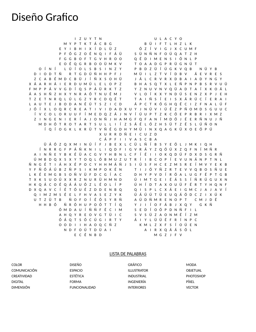 Clover-shaped Spanish graphic design word search with terms like vector, pixel, and Photoshop.