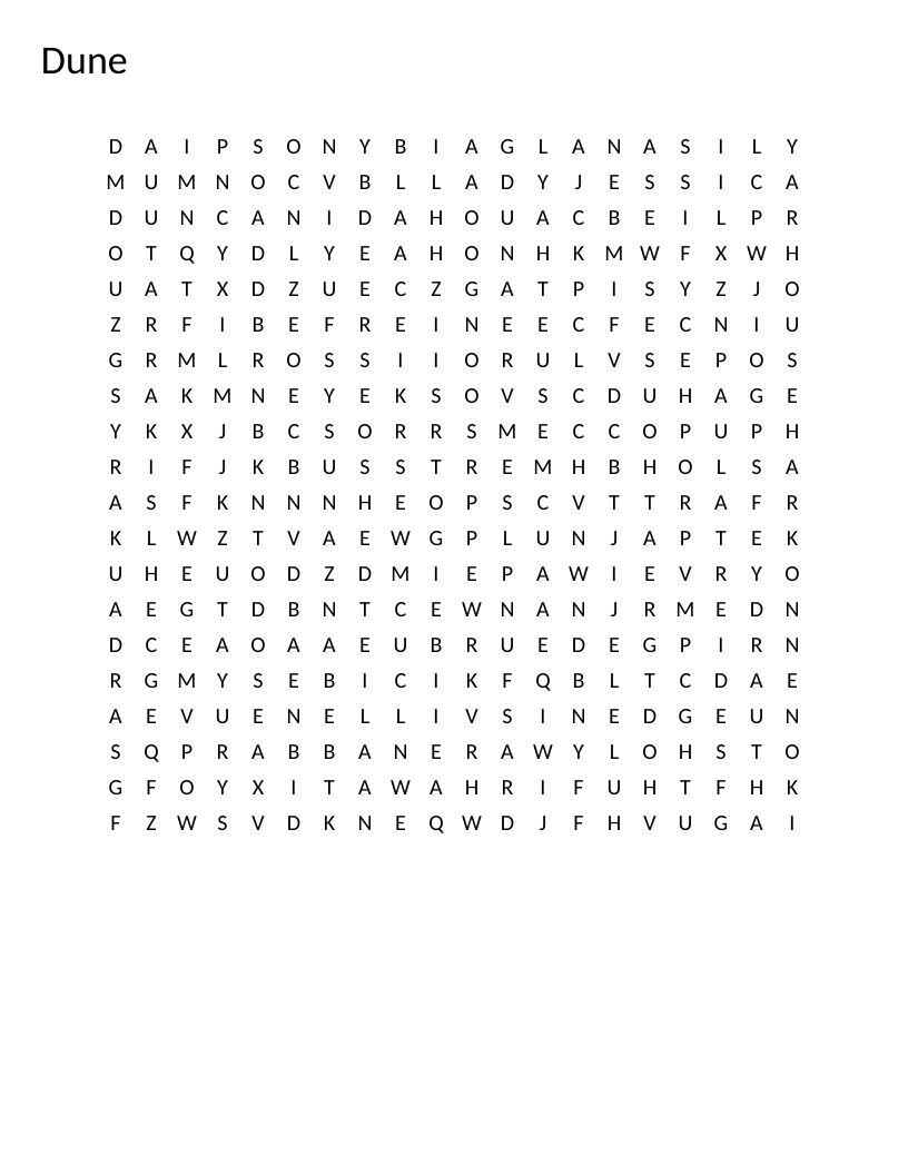 Dune word search with sci-fi words including Paul Atreides, Arrakis, sandworms, and spice.