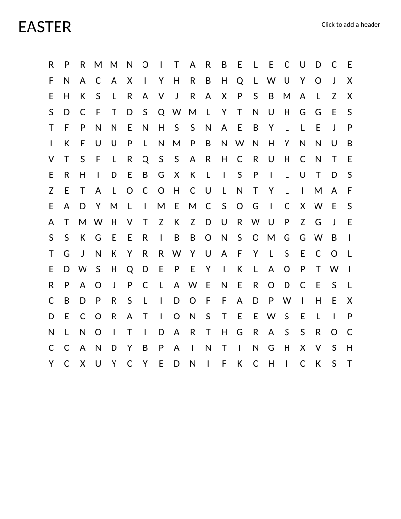 Easter word search for young learners with words like bunny, eggs, basket, and spring flowers.