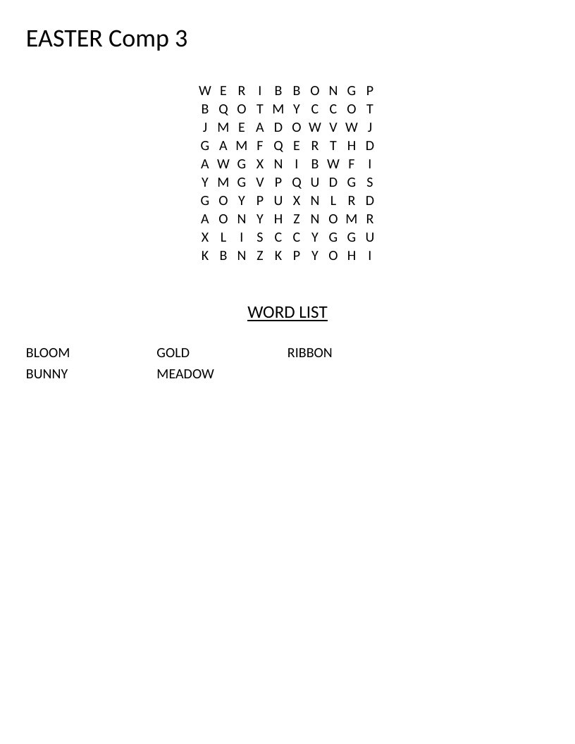 Easter word search with spring words: bunny, meadow, bloom, ribbon, gold.