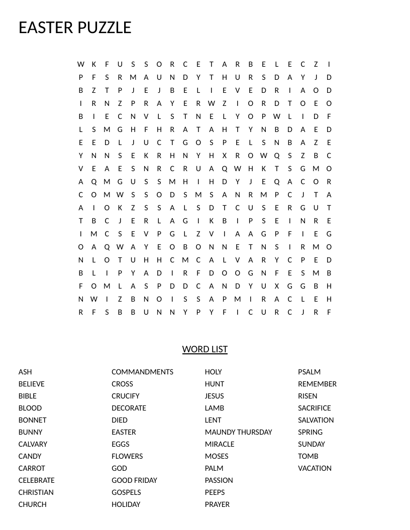 Easter word search with religious words like Jesus and resurrection, plus holiday words like eggs and bunny.