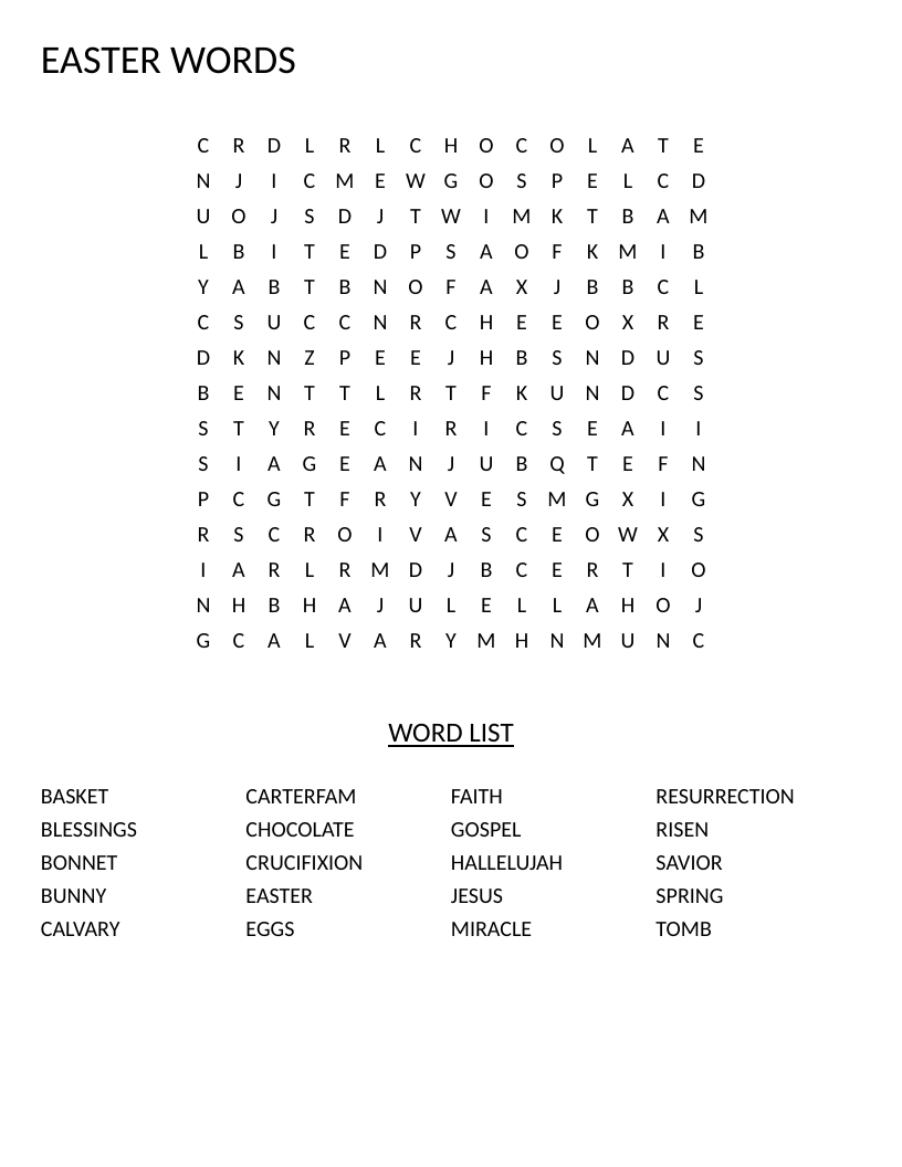 Easter word search with spring and religious words like resurrection, bunny, and hallelujah.