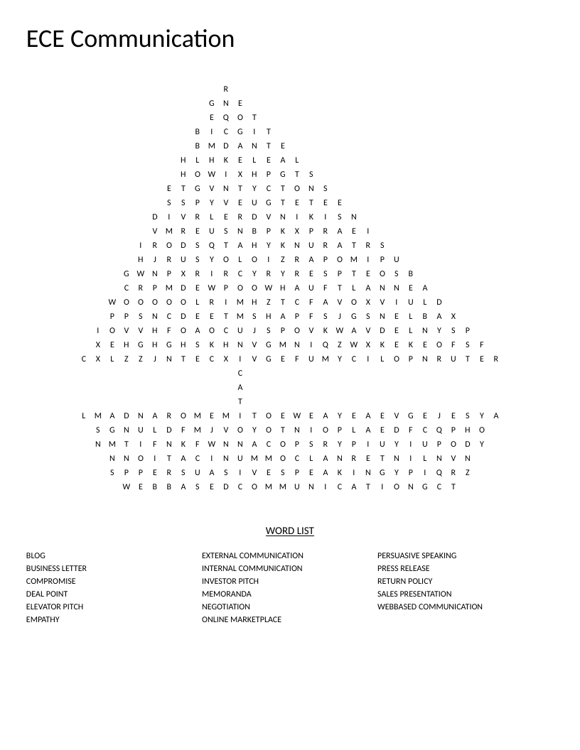 Boat-shaped business communication word search with terms like elevator pitch and negotiation.