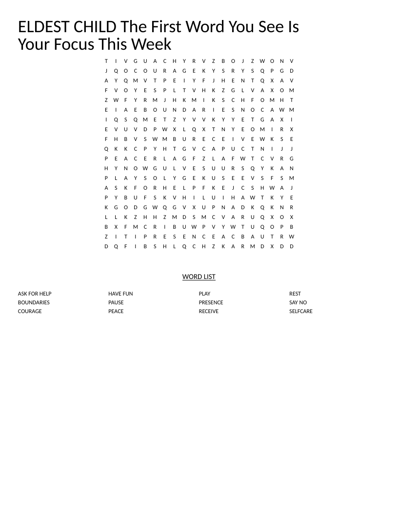 Word search puzzle with self-care words: rest, boundaries, self-care, and courage.