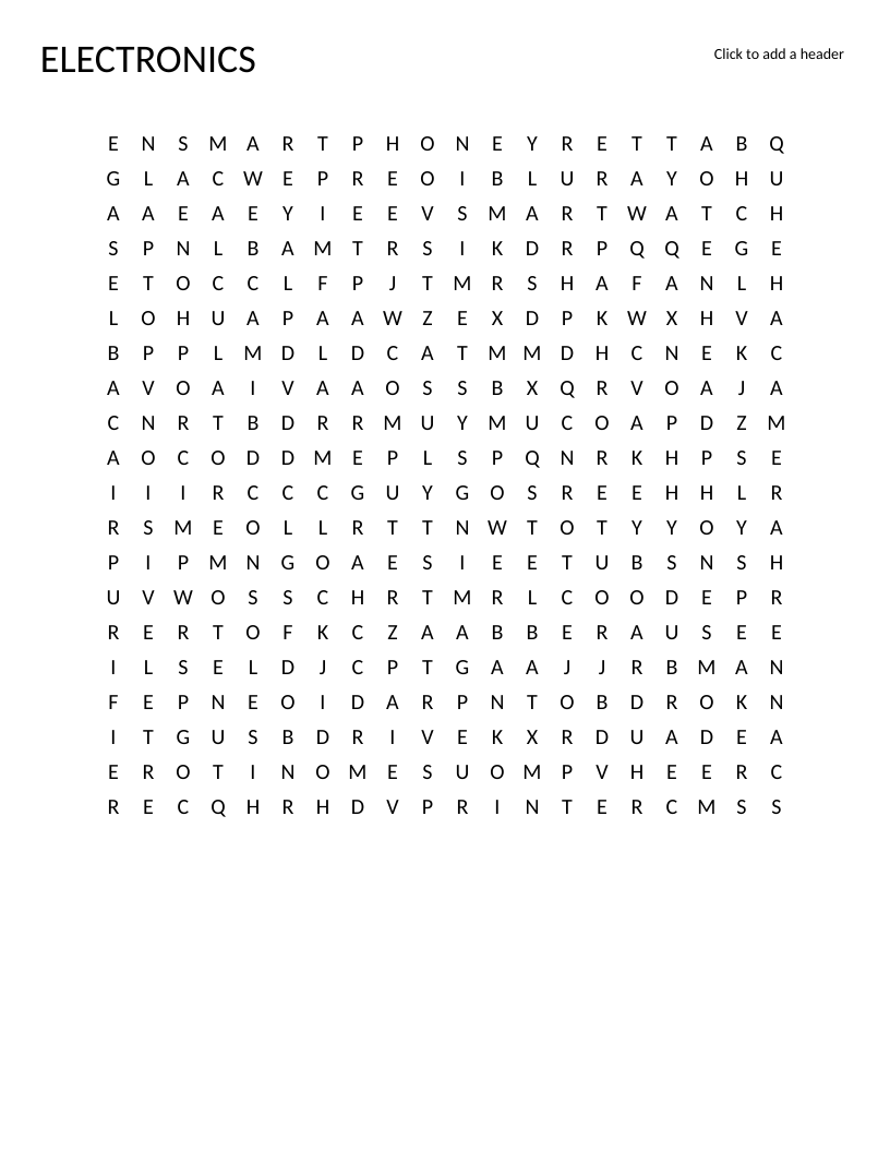 Electronics word search with common devices including smartphone, laptop, and headphones.
